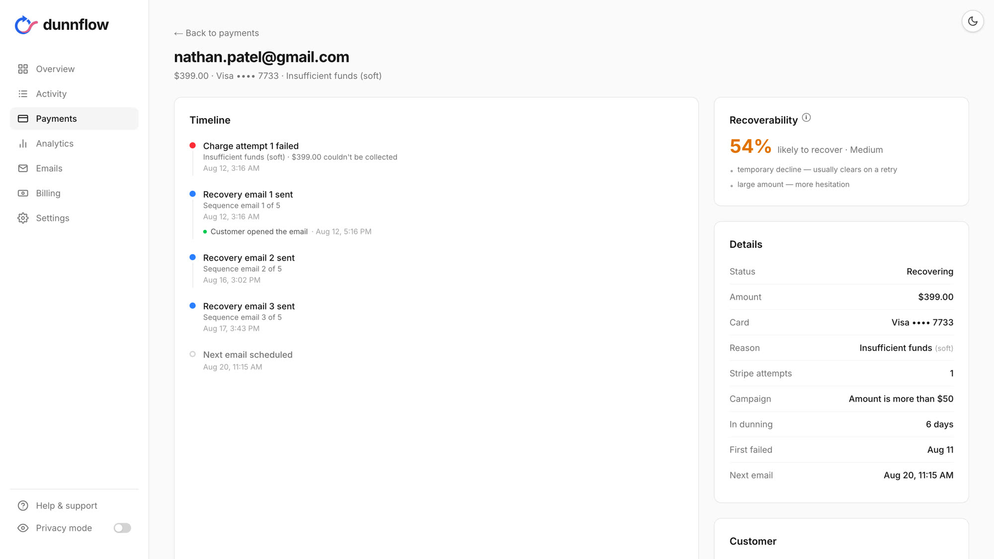 dunnflow payment timeline, the event log of a recovery