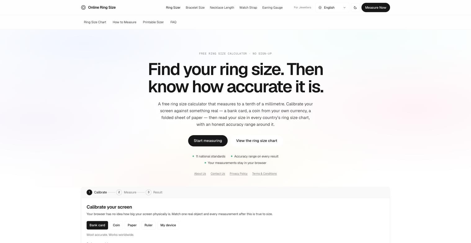 Online Ring Size, a free ring size calculator with screen calibration